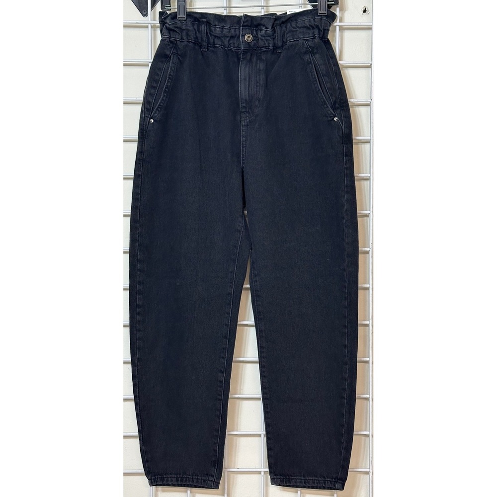 Zara Baggy Fit Paperbag Waist Carrot Leg Jeans Black Rigid Denim Womens 4 NEW - Picture 2 of 10